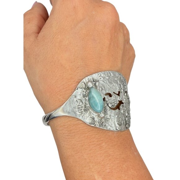 Alma Antigua Artisan Jewelry Jewelry - Vintage Silverware Cuff Bracelet with Larimar Stone | Wildwood Pattern 1958